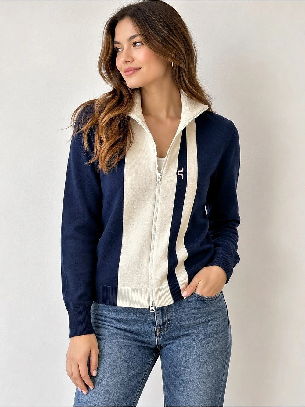 J.LINDEBERG Alexis Full Zip Cardigan Blue & Cream